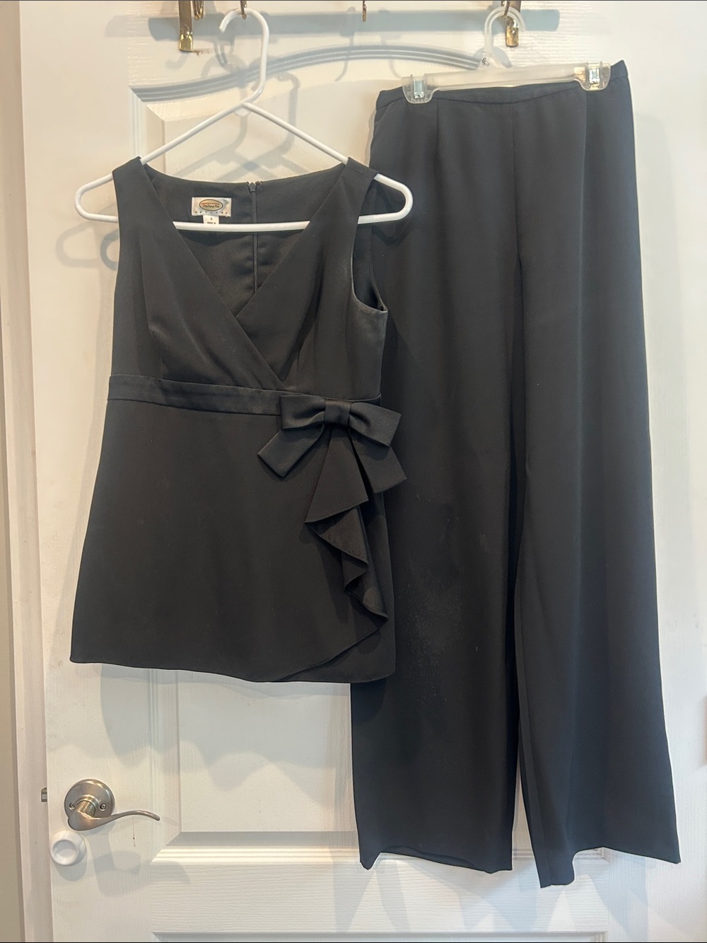 Talbots Black Sleeveless faux Wrap Top with Bow & Black Wide-Leg Pants set 2P